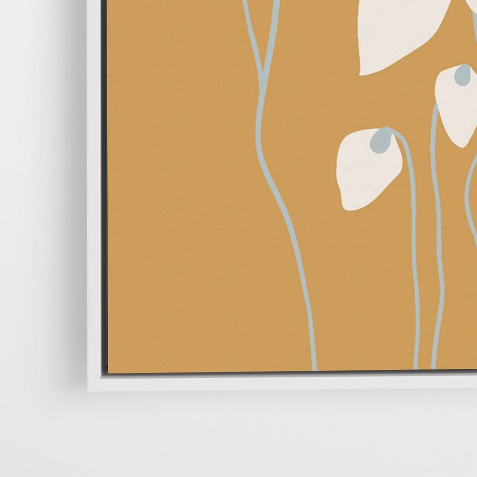 Obraz w ramie 80x120 - Kwiatowy Spektakl - minimalistyczne kwiaty, na pomarańczowym tle - rama biała