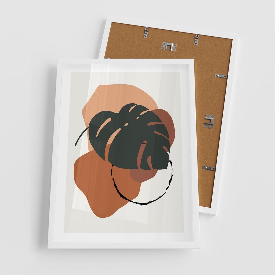 Plakat w ramie 50x70 - Brązowa Ekspresja - liść monstery, boho obraz - rama biała