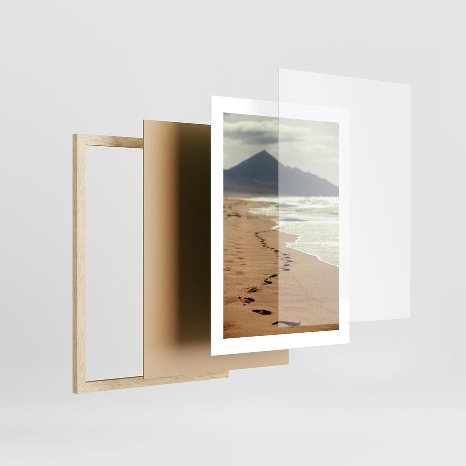 Plakat w ramie 30x40 - Ślady stóp na plaży - plaża, ślady - rama drewno