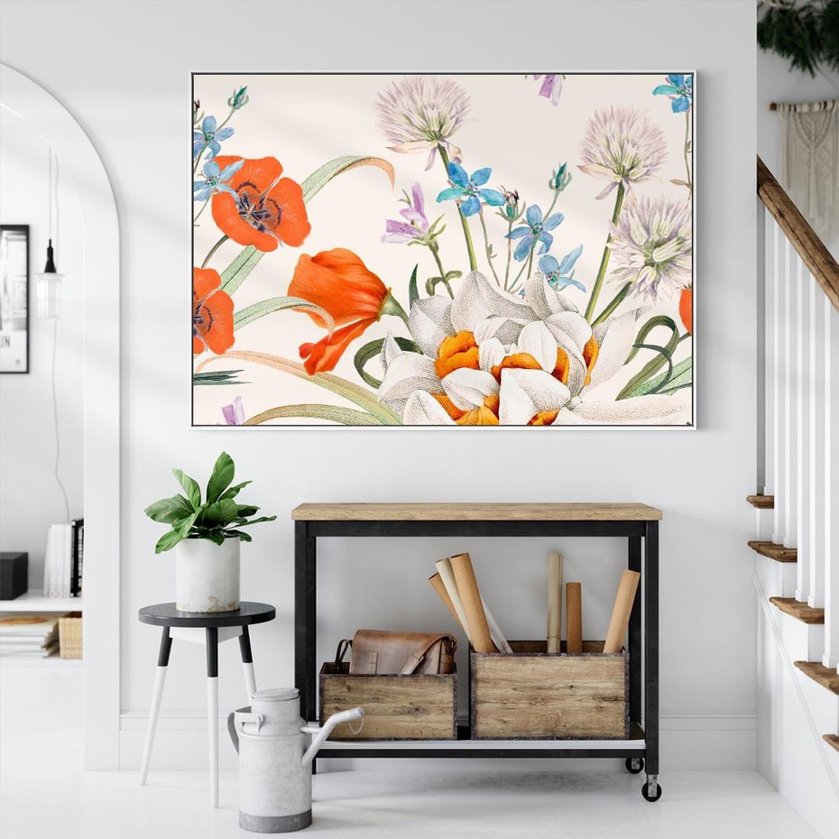 Obraz w ramie 100x70 - Polne Kwiaty - polne kwiaty, na białym tle - rama biała