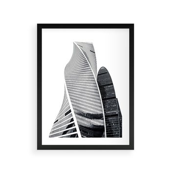 Plakat w ramie 40x50 - Wieżowce z Falistymi Kształtami - nowoczesne wieżowce, czarno biała fotografia - rama czarna