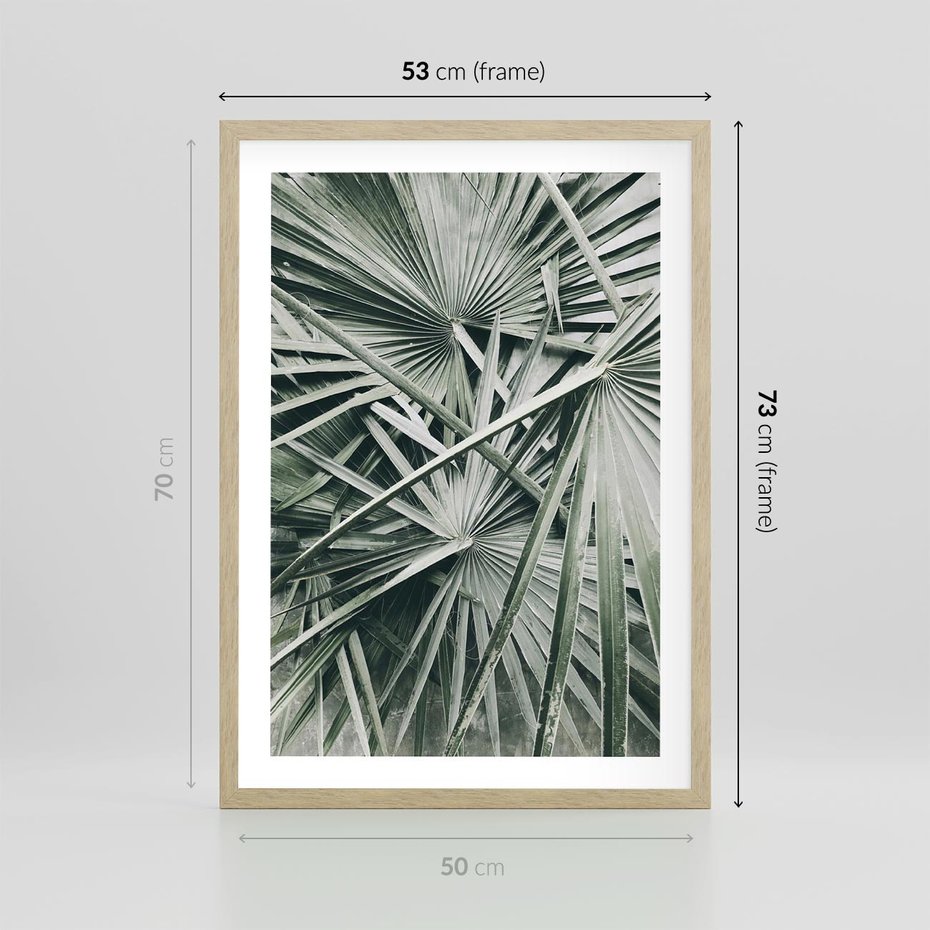 Plakat w ramie 50x70 - Palmy w Zgaszonej Zieleni - palmy, tropikalne liście - rama drewno