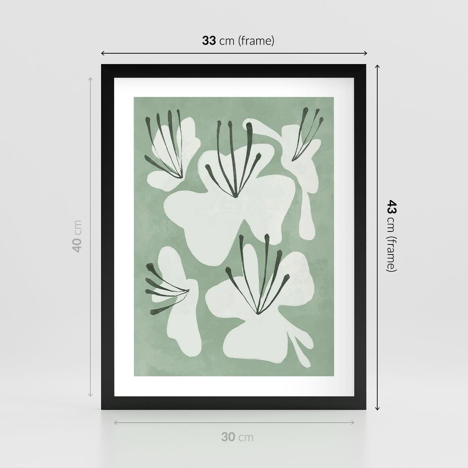 Plakat w ramie 30x40 - Rozkwitające Ukojenie - zgaszona zieleń, kwiaty - rama czarna