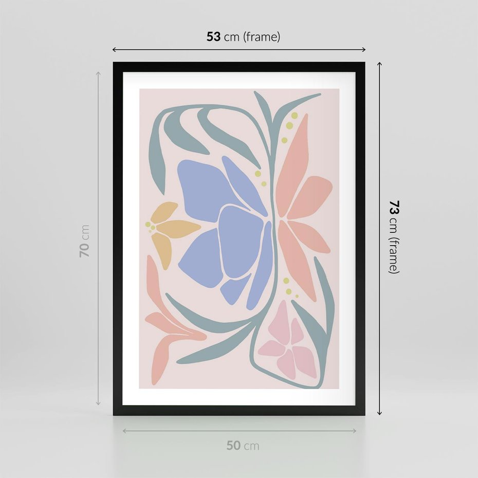 Plakat w ramie 50x70 - Pastele Kwiatowych Plam - pastelowe kwiaty, na beżowym tle - rama czarna