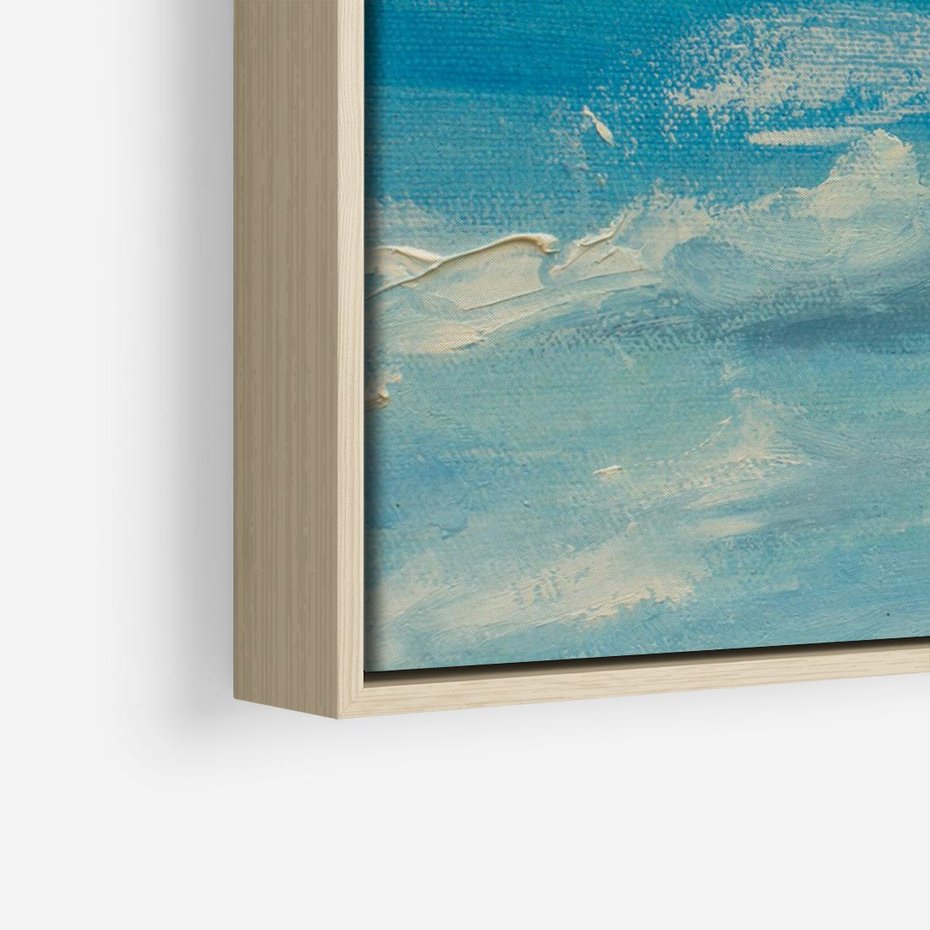 Obraz w ramie 70x50 - Oddechy niebiańskiej materii - olejny obraz, smugi farby przypominają obłoki na błękitnym niebie - rama drewno