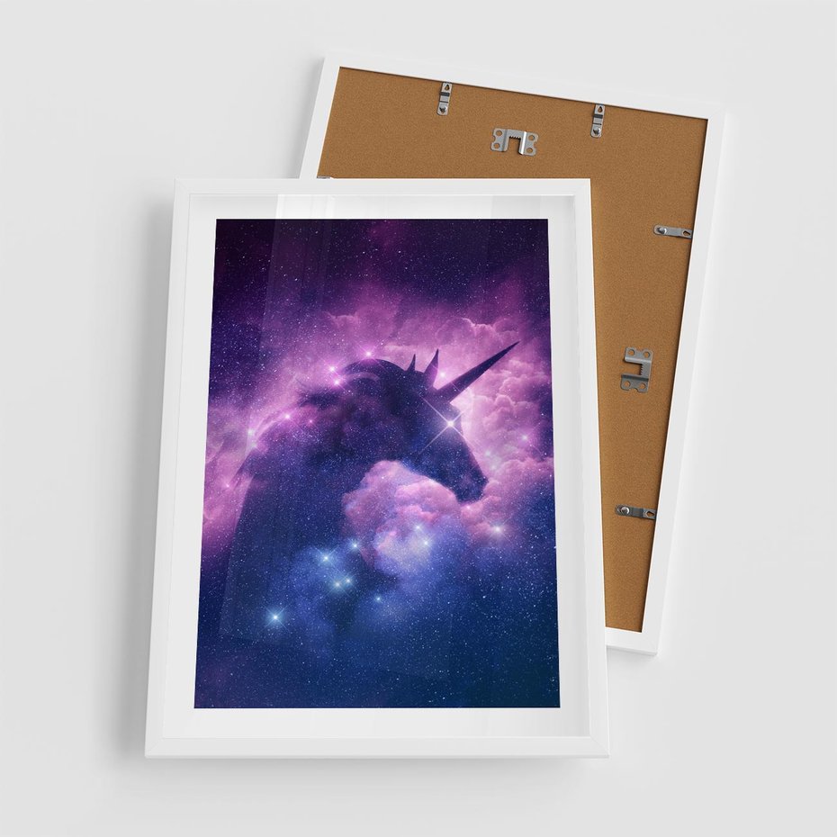 Plakat w ramie 50x70 - Mityczna podróż - kosmos, jednorożec - rama biała