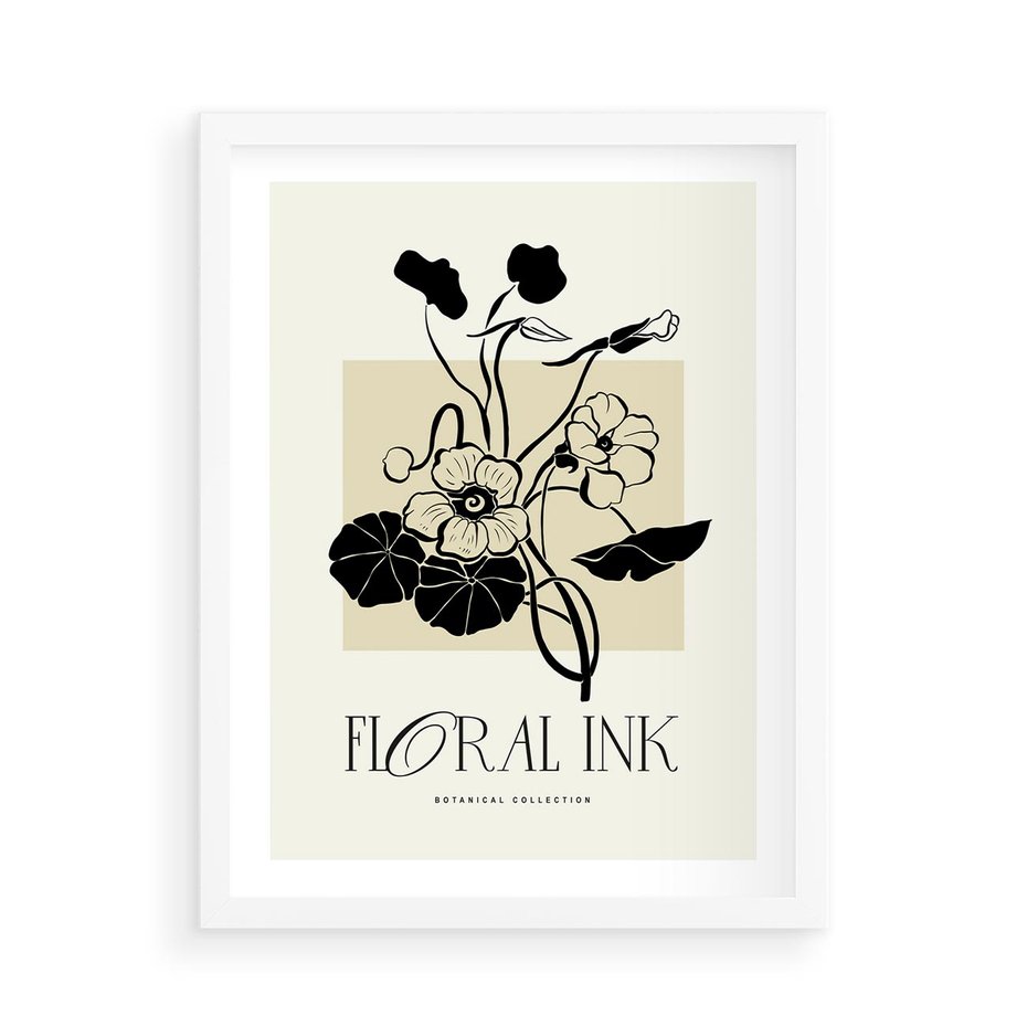 Plakat w ramie 50x70 - Podróż linii kwiatowego czasu - kwiaty, typografia - rama biała