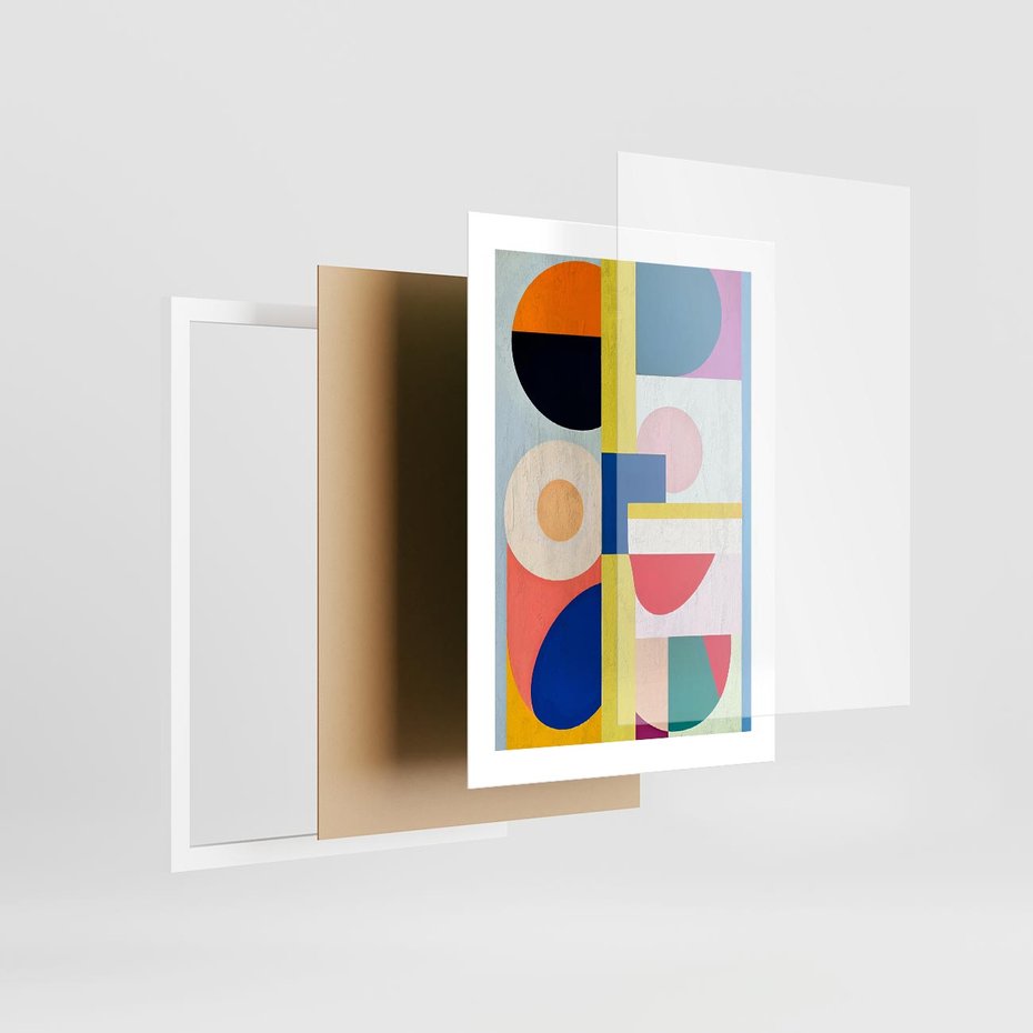 Plakat w ramie 30x40 - Harmonia Kolorowych Impulsów - abstrakcyjne geometryczne kształty, olejny obraz - rama biała