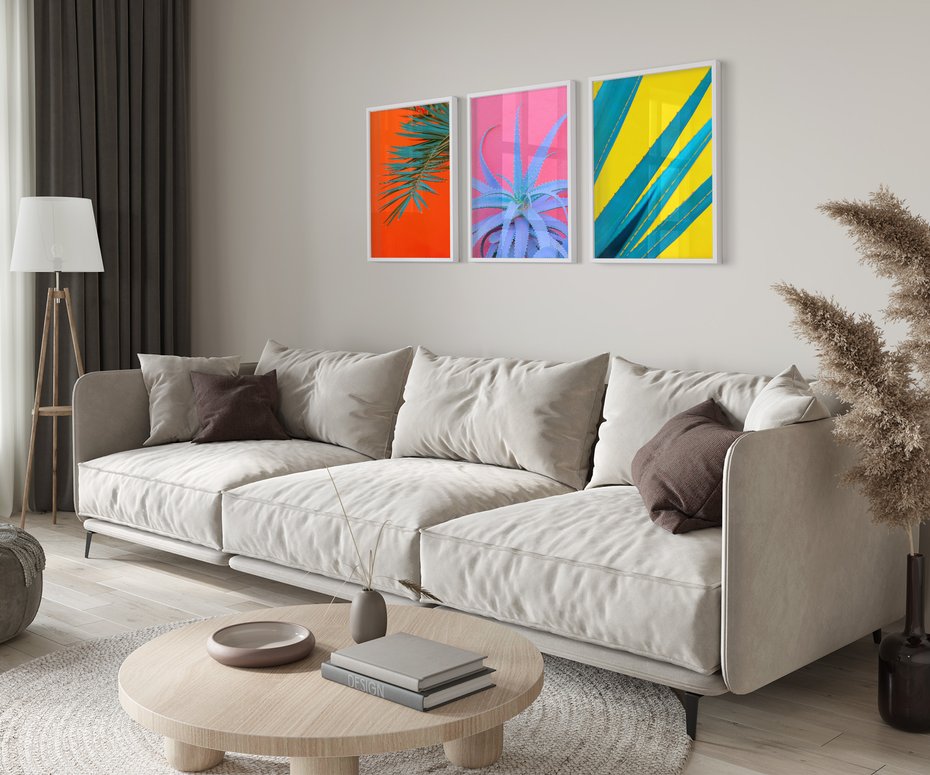 Zestaw obrazy w ramie 40x50 galeria - Liście, rośliny, aloes, neonowe - rama biała