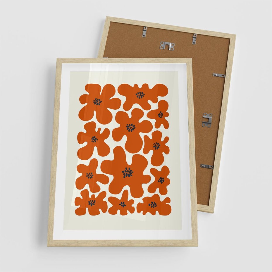 Plakat w ramie 50x70 - Wibracje Przestrzeni - abstrakcyjne czerwone kwiaty, kompozycja - rama drewno