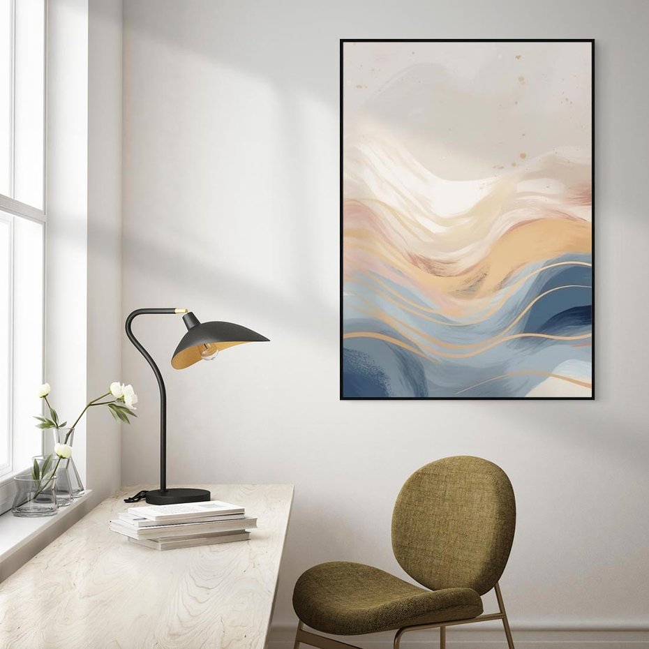 Obraz w ramie 70x100 - Ukojenie Współczesności - abstrakcyjne fale, gładkie linie - rama czarna