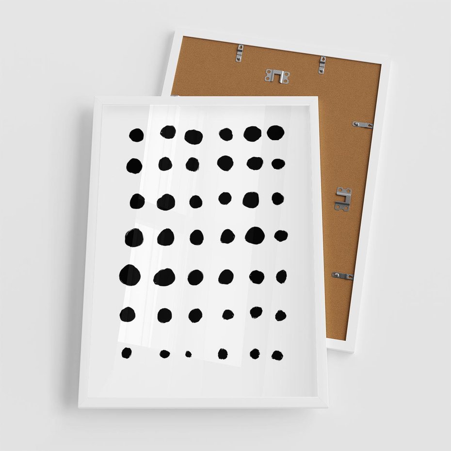 Plakat w ramie 50x70 - Migocące Anomalie - abstrakcyjna kompozycja z czarnych kropek, minimalistyczny czarno bialy plakat - rama biała