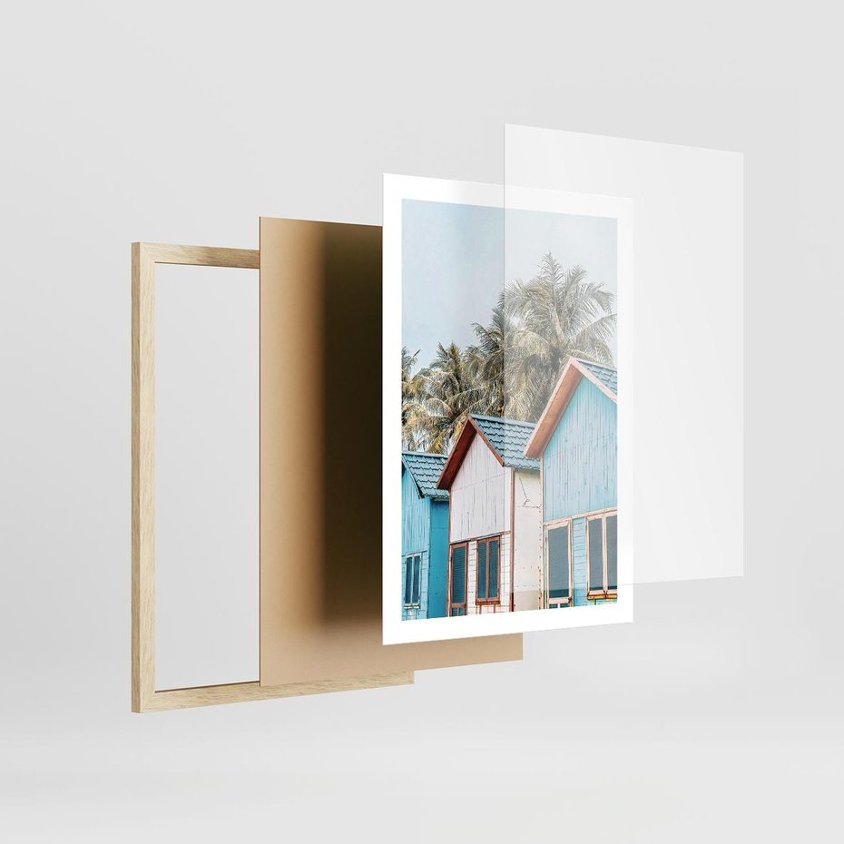 Plakat w ramie 50x70 - Rajskie Wakacje - domki na plaży, błękitne domki - rama drewno
