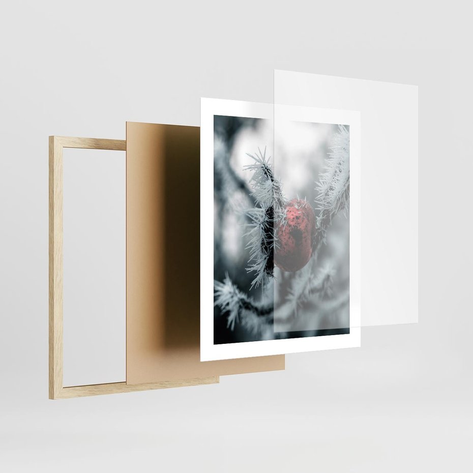 Plakat w ramie 40x50 - Chwila Zimowego Uroku - zima, ośnieżona gałązka - rama drewno