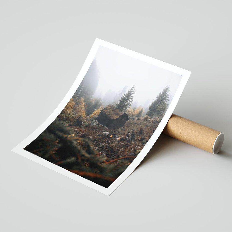 Plakat bez ramy 21x30 - Górski las - stary zniszczony domek w górach, góry