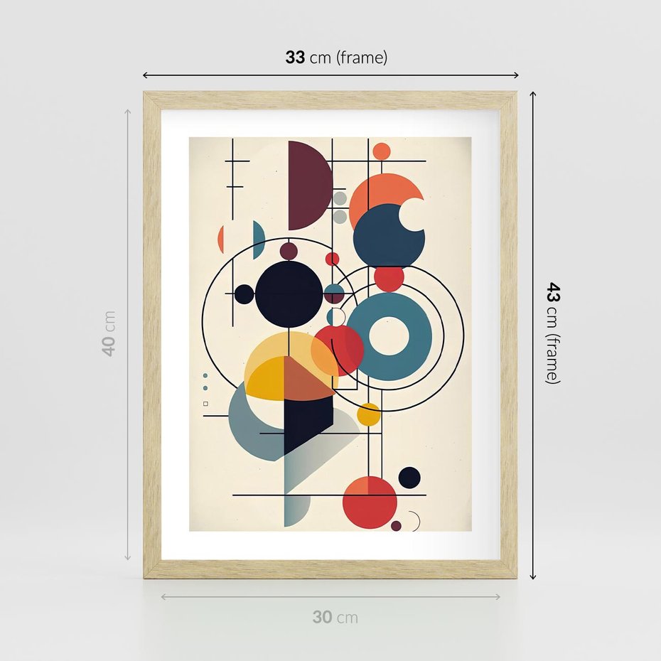 Plakat w ramie 30x40 - Rozbijające Barwne Granice - abstrakcyjna geometryczna kompozycja, koła linie - rama drewno