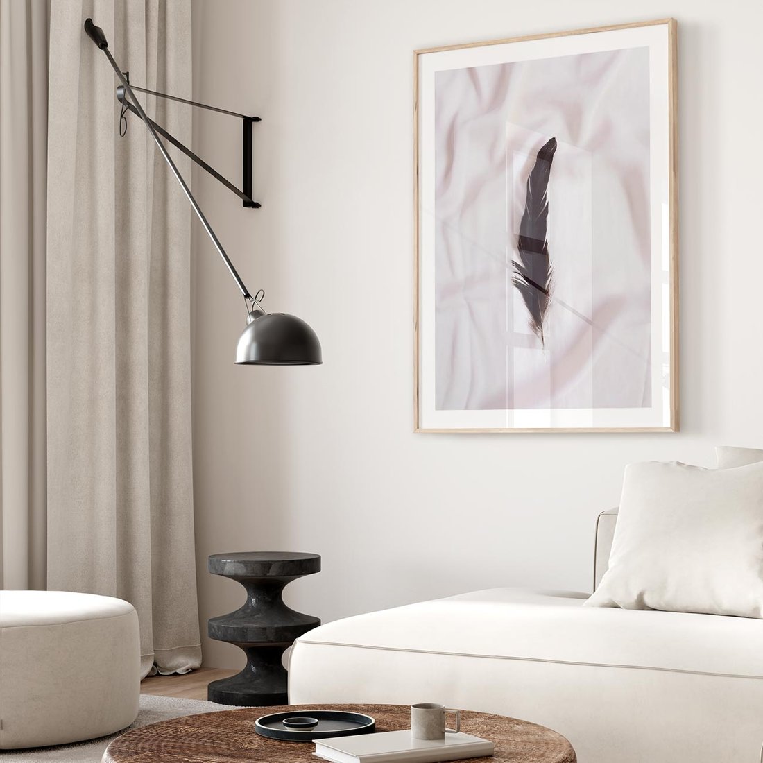 Plakat w ramie 50x70 - Prosta Elegancja - czarne pióro na białej pościeli, minimalizm - rama drewno