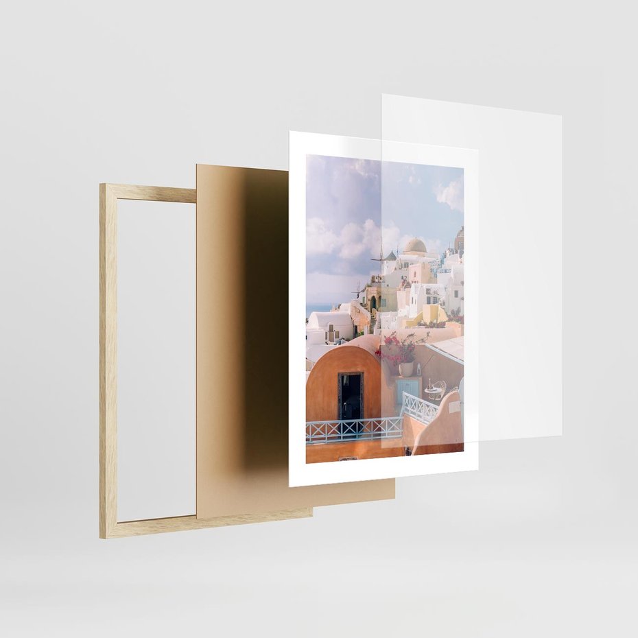 Plakat w ramie 30x40 - Błękit Morza i Białe Domki - Santorini, wyspa - rama drewno