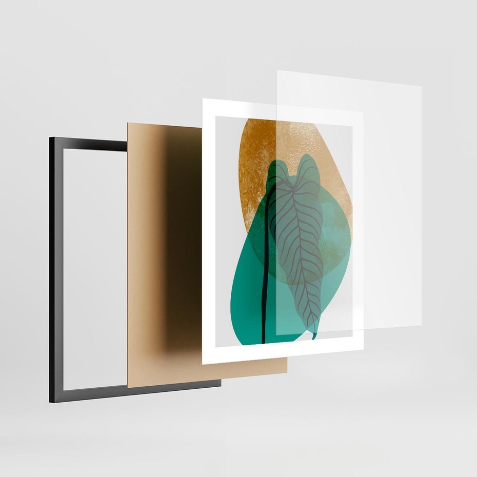 Plakat w ramie 40x50 - Zielony Liść ze Złotą Plamą - zielony liść, złota plama - rama czarna