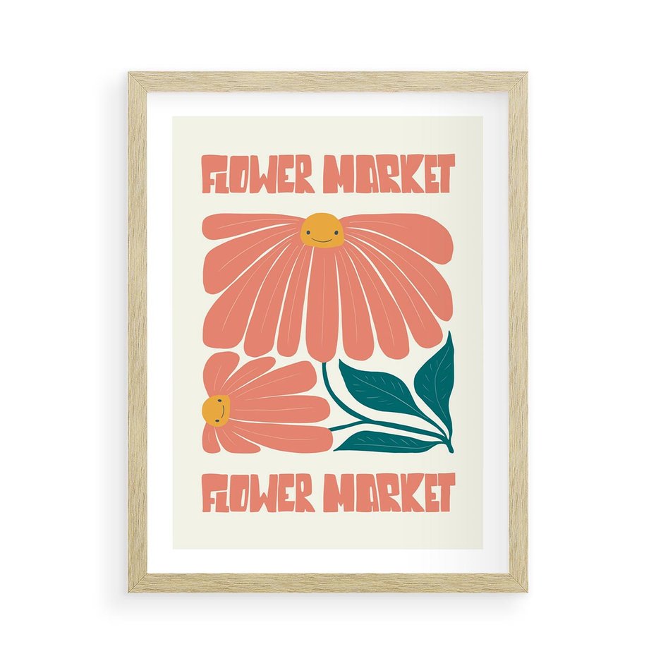 Plakat w ramie 50x70 - Grafika Pełna Radości - wesoła grafika, uśmiechnięte kwiaty - rama drewno