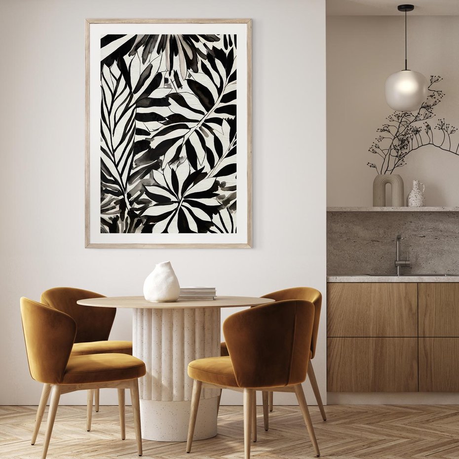 Plakat w ramie 40x50 - Czarne Liście - akwarelowy obraz, czarno biały - rama drewno
