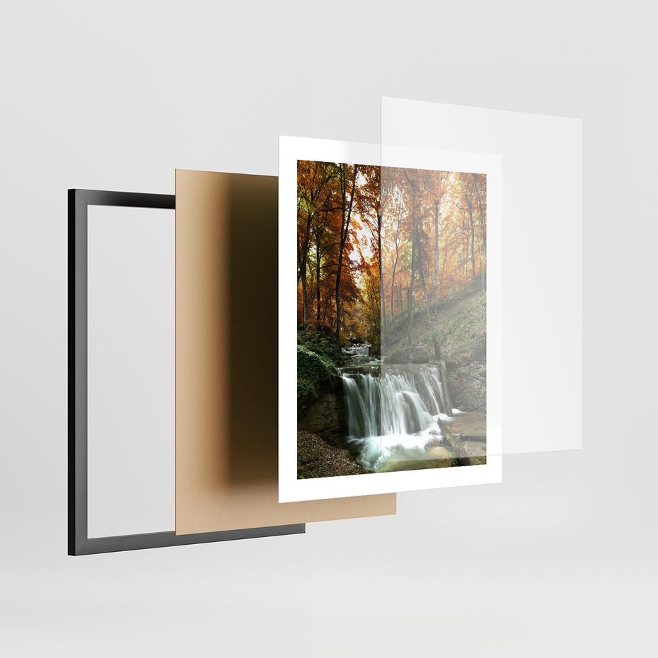Plakat w ramie 40x50 - Jesienny wodospad w lesie - wodospad, las - rama czarna