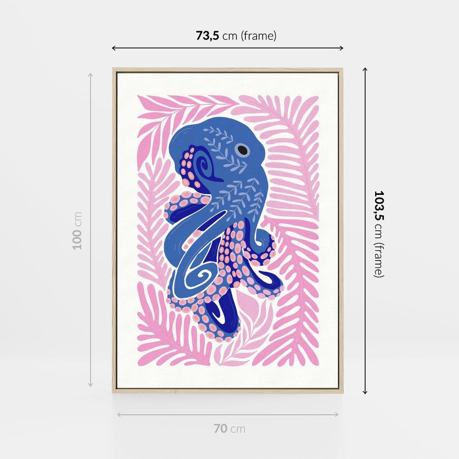 Obraz w ramie 70x100 - Rozkwitające marzenia - abstrakcyjna kompozycja, niebieska ośmiornica wśród różowej roślinnośći - rama drewno
