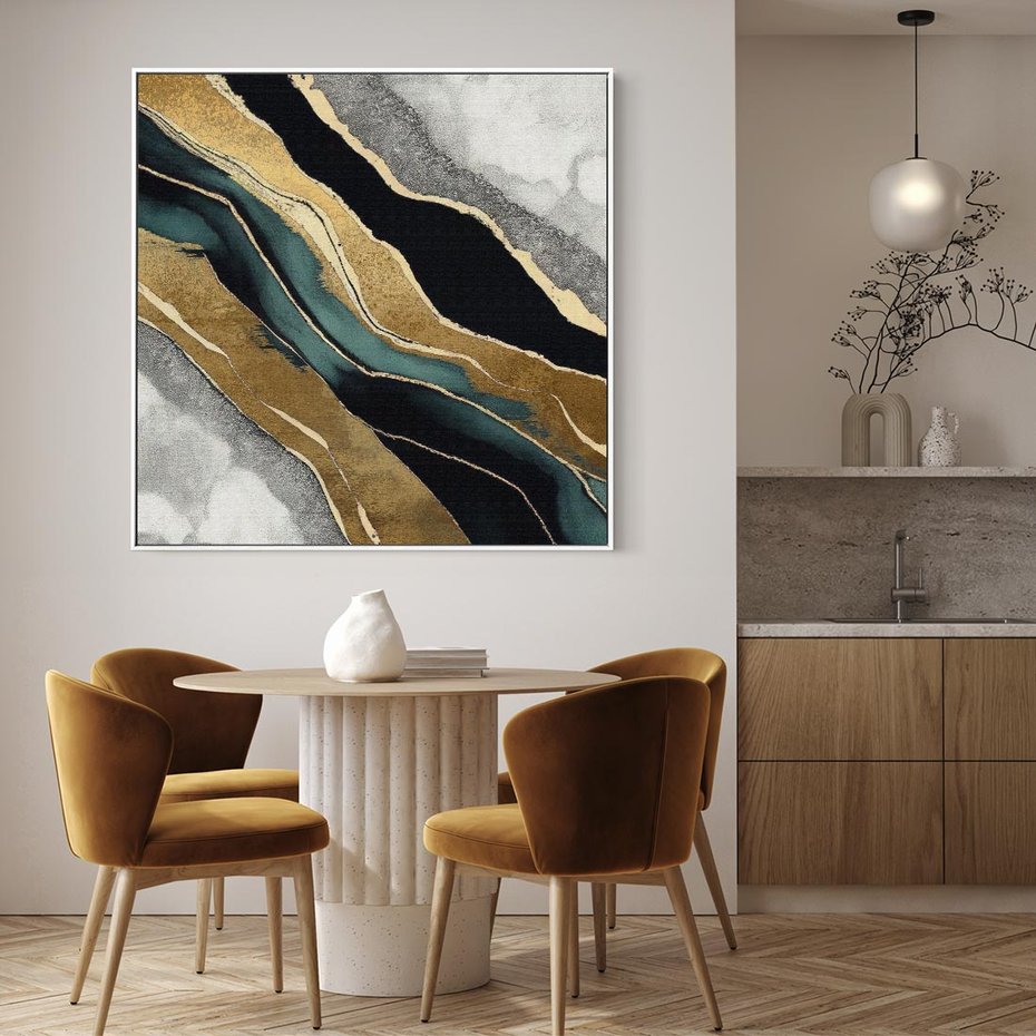 Obraz w ramie 80x80 - Refrakcje płynącej rzeczywistości - jak marmurowa rzeka, linie złota - rama biała