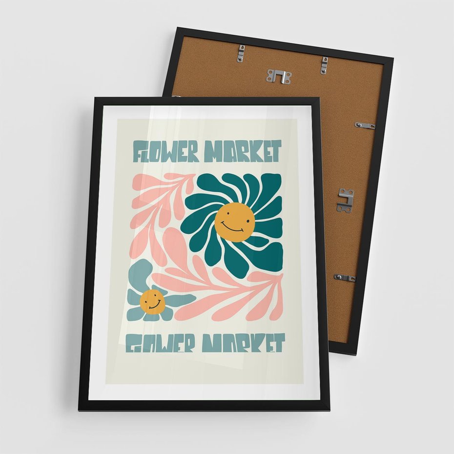 Plakat w ramie 50x70 - Harmonia płatków kwiatów - kwiatowa retro kompozycja, pastelowe kolory - rama czarna