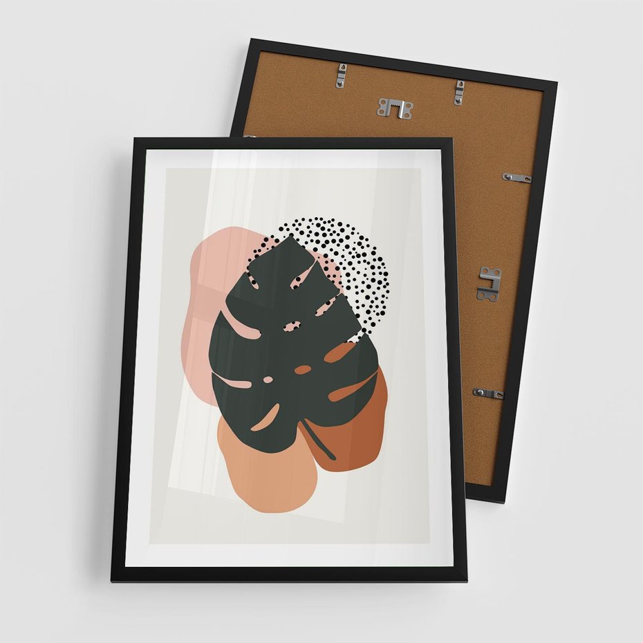 Plakat w ramie 50x70 - Minimalizm w Liściach Monstery: Plamy i Kropki - minimalizm, monstera plamy - rama czarna