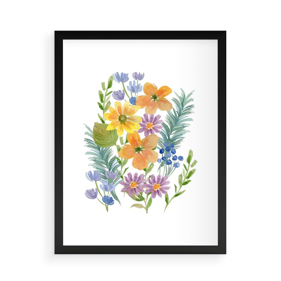 Plakat w ramie 50x70 - Migocące Widoki Kwiatów - akwarelowe polne kwiaty, minimalistyczny plakat - rama czarna