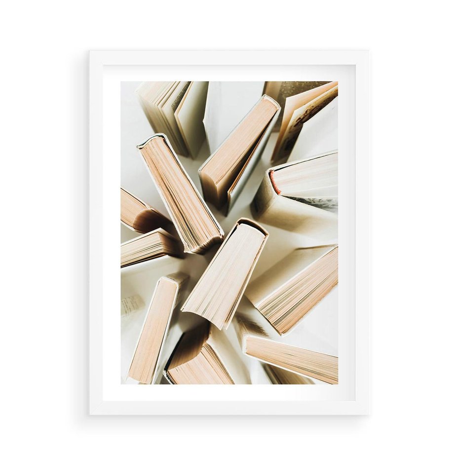 Plakat w ramie 50x70 - Odcienie Wiedzy - książki, ujęcie z góry - rama biała