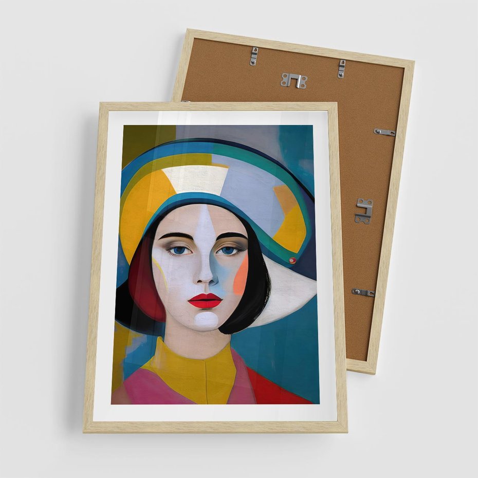 Plakat w ramie 50x70 - Kształtujące Widzenia - abstrakcyjny obraz olejny, portret twarzy kobiety - rama drewno