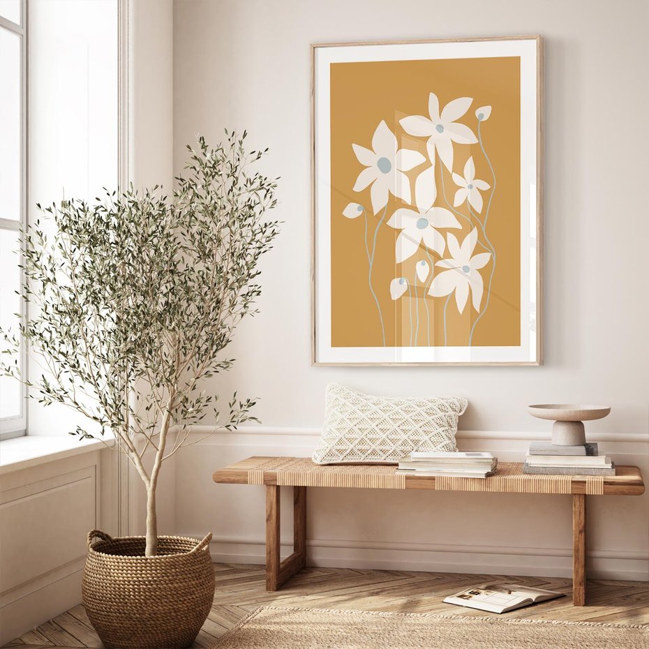 Plakat w ramie 30x40 - Kwiatowy Spektakl - minimalistyczne kwiaty, na pomarańczowym tle - rama drewno