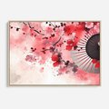 Obraz w ramie 100x70 - Szept Kwitnącej Wiśni - japoński parasol, liście - rama drewno