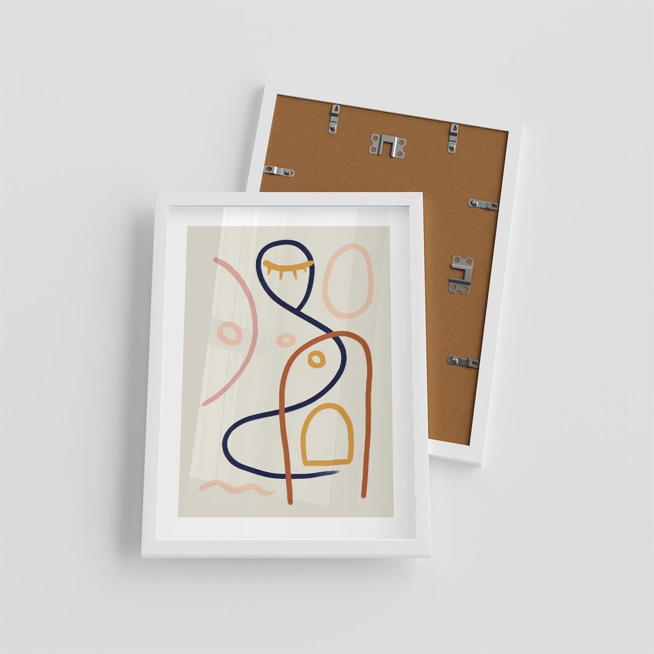 Plakat w ramie 30x40 - Mgnienie Oka - abstrakcja w stylu picasso, beżowe tło - rama biała