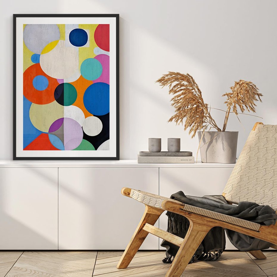 Plakat w ramie 40x50 - Tajemnicze Odbicia Czasu - abstrakcyjne geometryczne kształty, olejny obraz - rama czarna