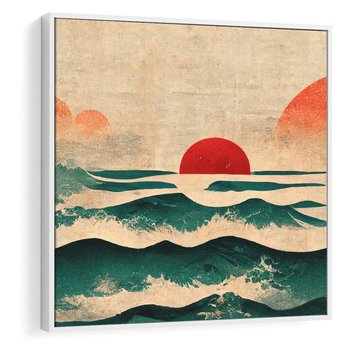 Obraz w ramie 50x50 - Czerwone Melodie - japońska sztuka, zachód słońca nad oceanem - rama biała