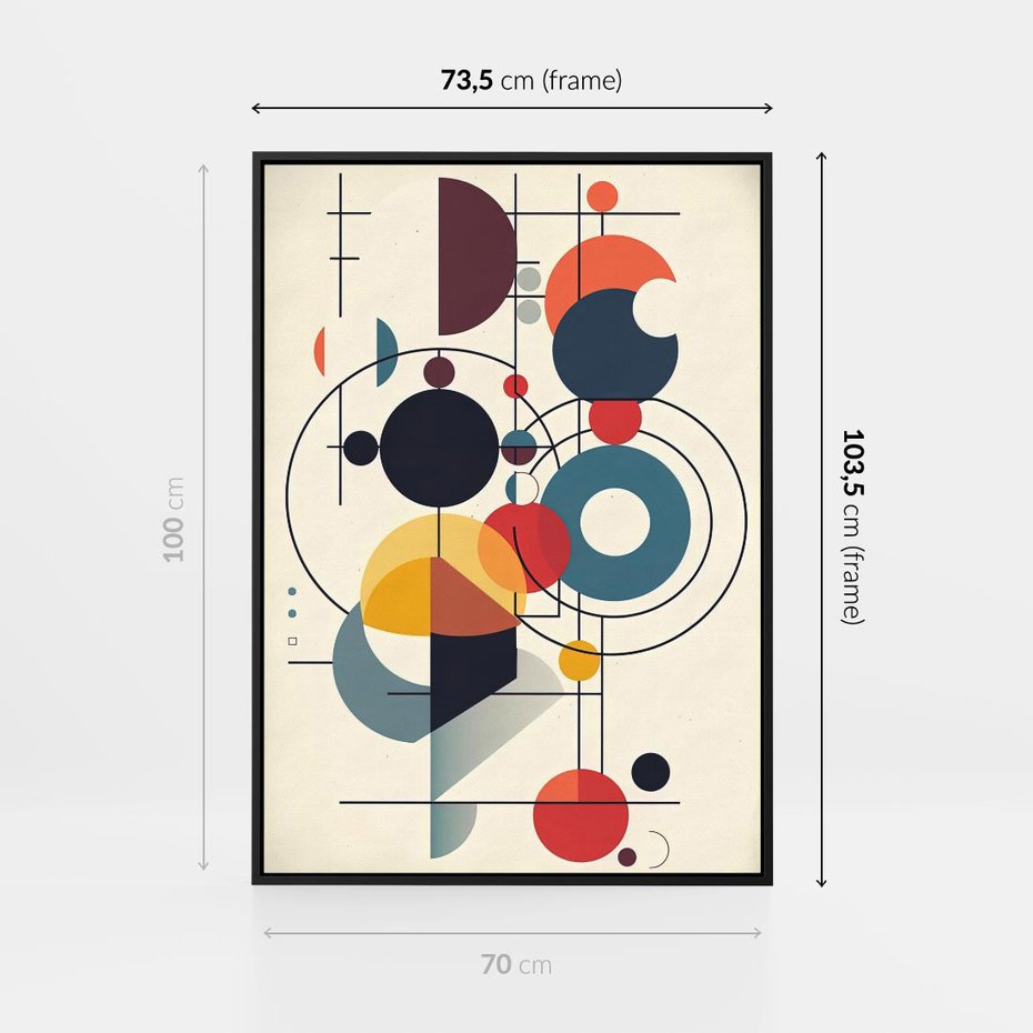 Obraz w ramie 70x100 - Rozbijające Barwne Granice - abstrakcyjna geometryczna kompozycja, koła linie - rama czarna