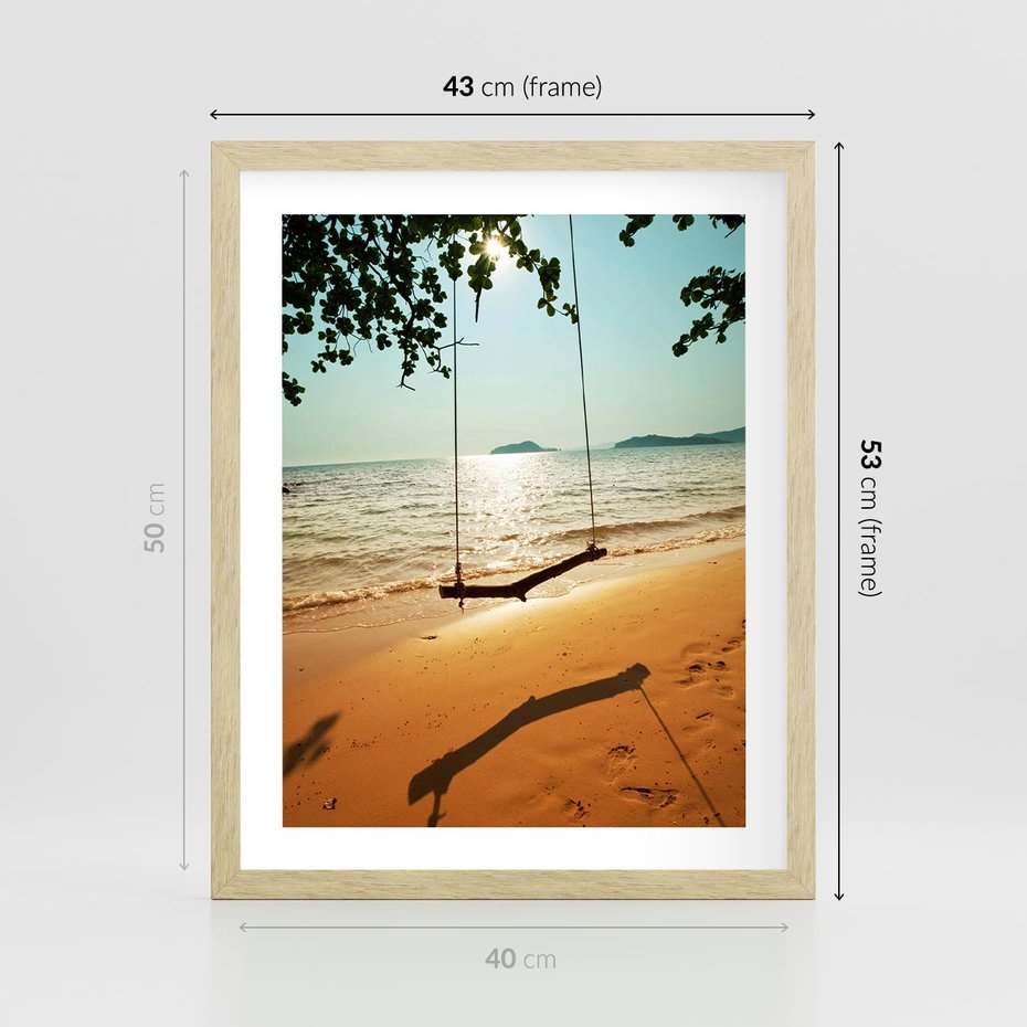 Plakat w ramie 40x50 - Tropikalna plaża i huśtawka - plaża, tropiki - rama drewno