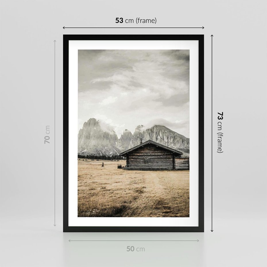 Plakat w ramie 50x70 - Surowa Przestrzeń i Górski Ustronny Azyl - chatka w górach, góry - rama czarna