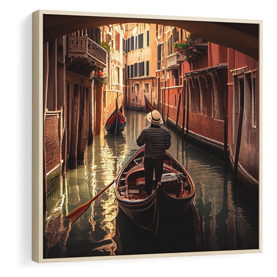 Obraz w ramie 50x50 - Spokojna Wenecja - gondolier w gondoli, kanały Wenecji - rama drewno