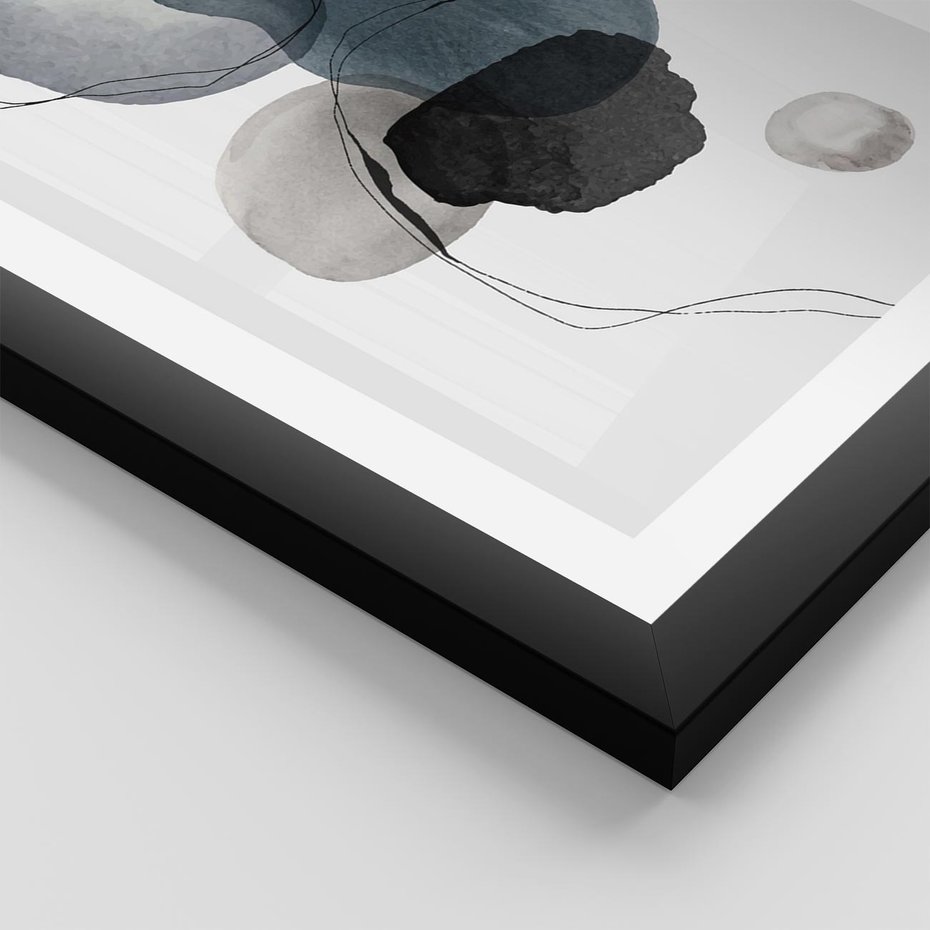 Plakat w ramie 50x70 - Wibracje Kształtów - abstrakcyjne plamy akwarelowe, czarny szkic - rama czarna