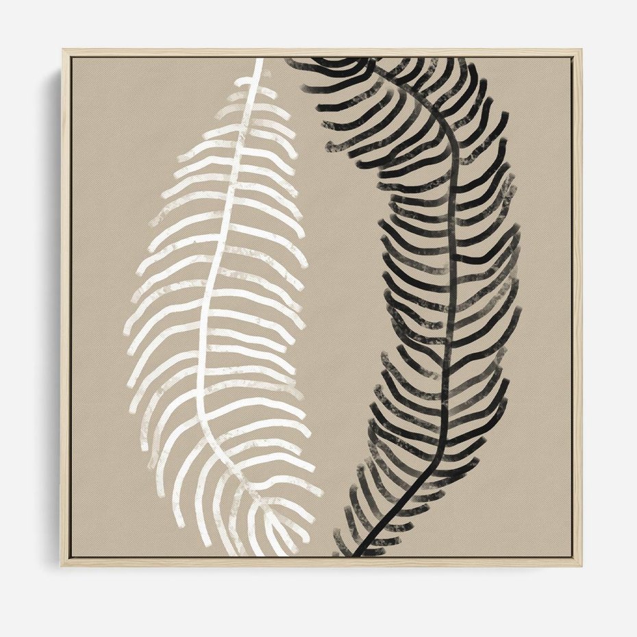 Obraz w ramie 80x80 - Spleciona Harmonia - sztuka nowoczesna, białe i czarne pióro - rama drewno