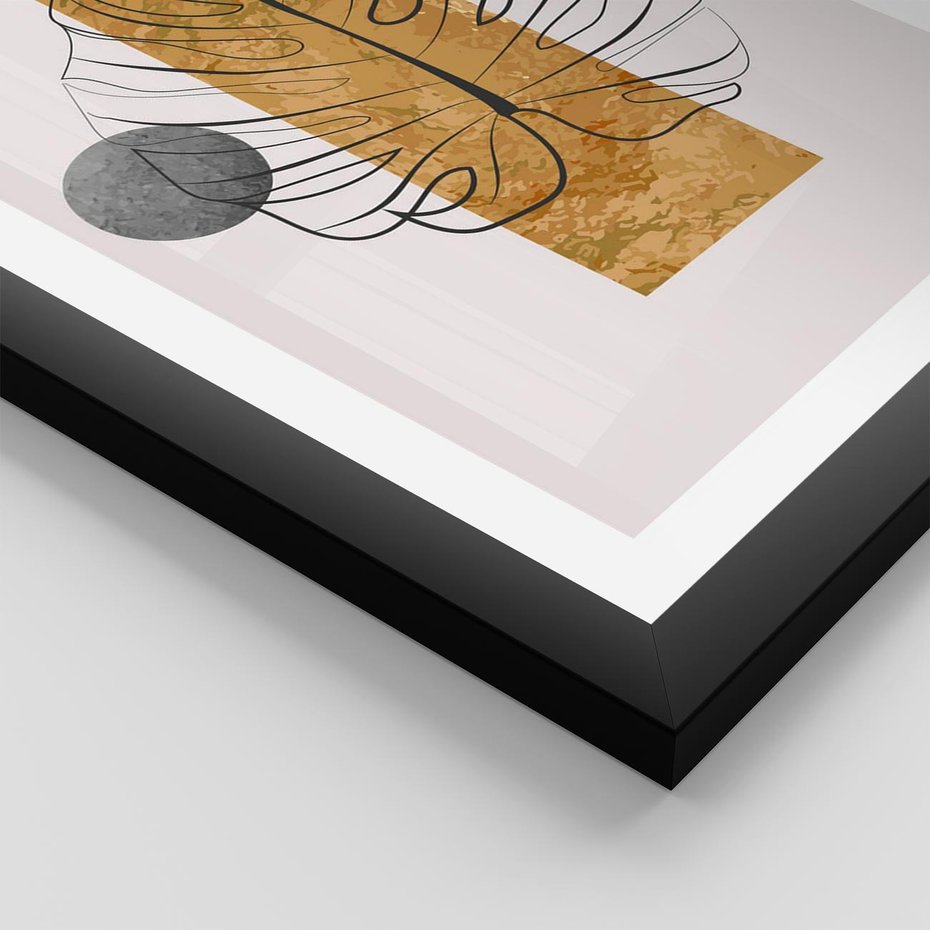 Plakat w ramie 50x70 - Minimalistyczna Monstera: Złoty Prostokąt - liść monstery, minimalizm - rama czarna