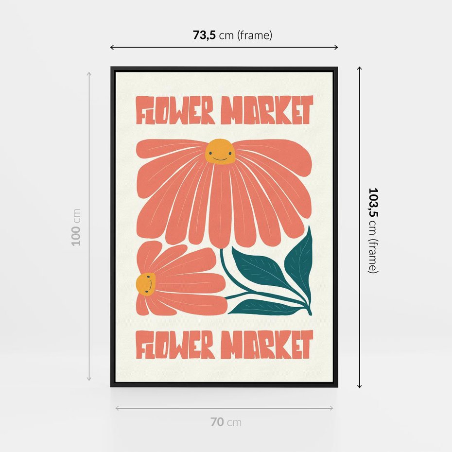 Obraz w ramie 70x100 - Grafika Pełna Radości - wesoła grafika, uśmiechnięte kwiaty - rama czarna