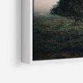 Obraz w ramie 50x50 - Zamglona Prostota - artystyczna fotografia, samotne drzewo na zamglonej łące - rama biała