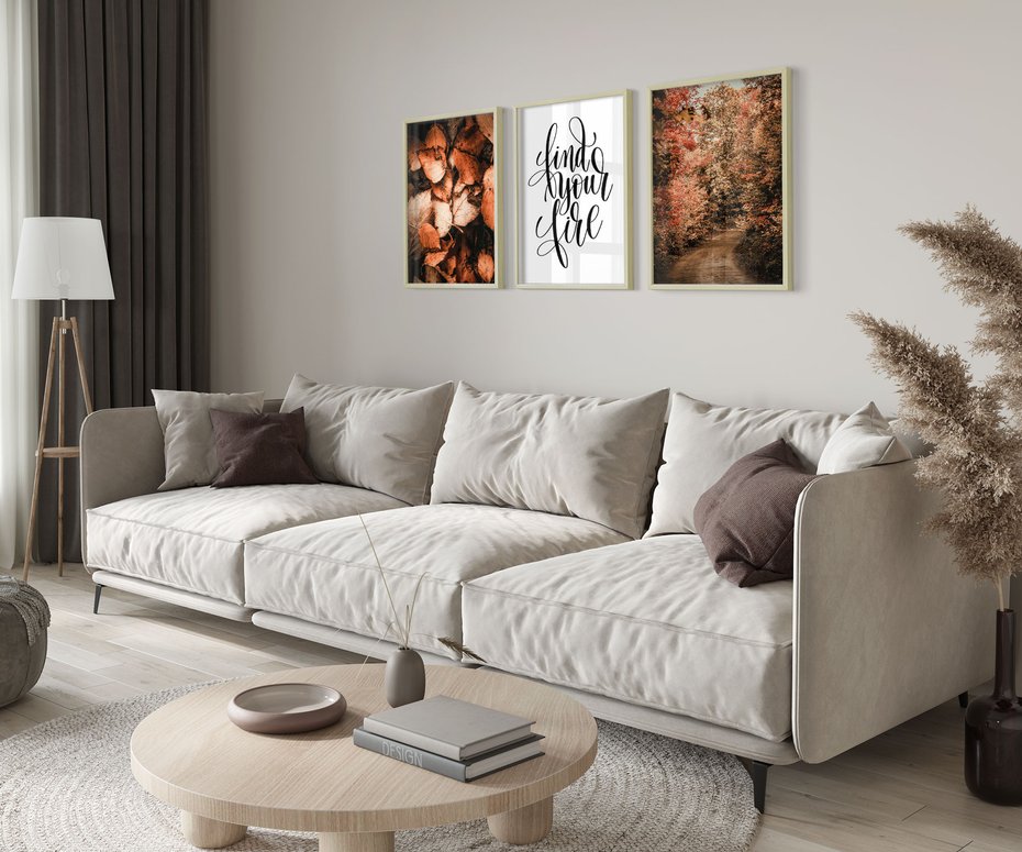 Zestaw obrazy w ramie 50x70 galeria - Jesień, typografia, napis - rama drewno