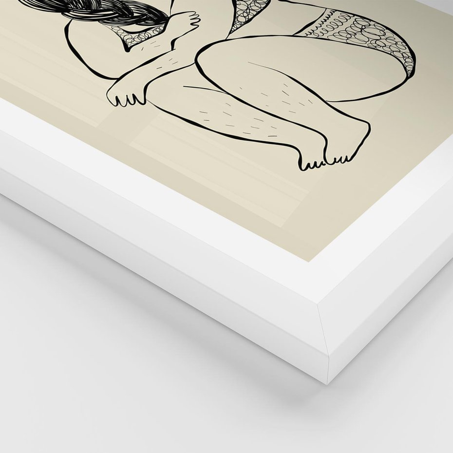 Plakat w ramie 50x70 - Migotliwe Refleksje - nowoczesny minimalistyczny rysunek, dziewczyna w bieliźnie - rama biała