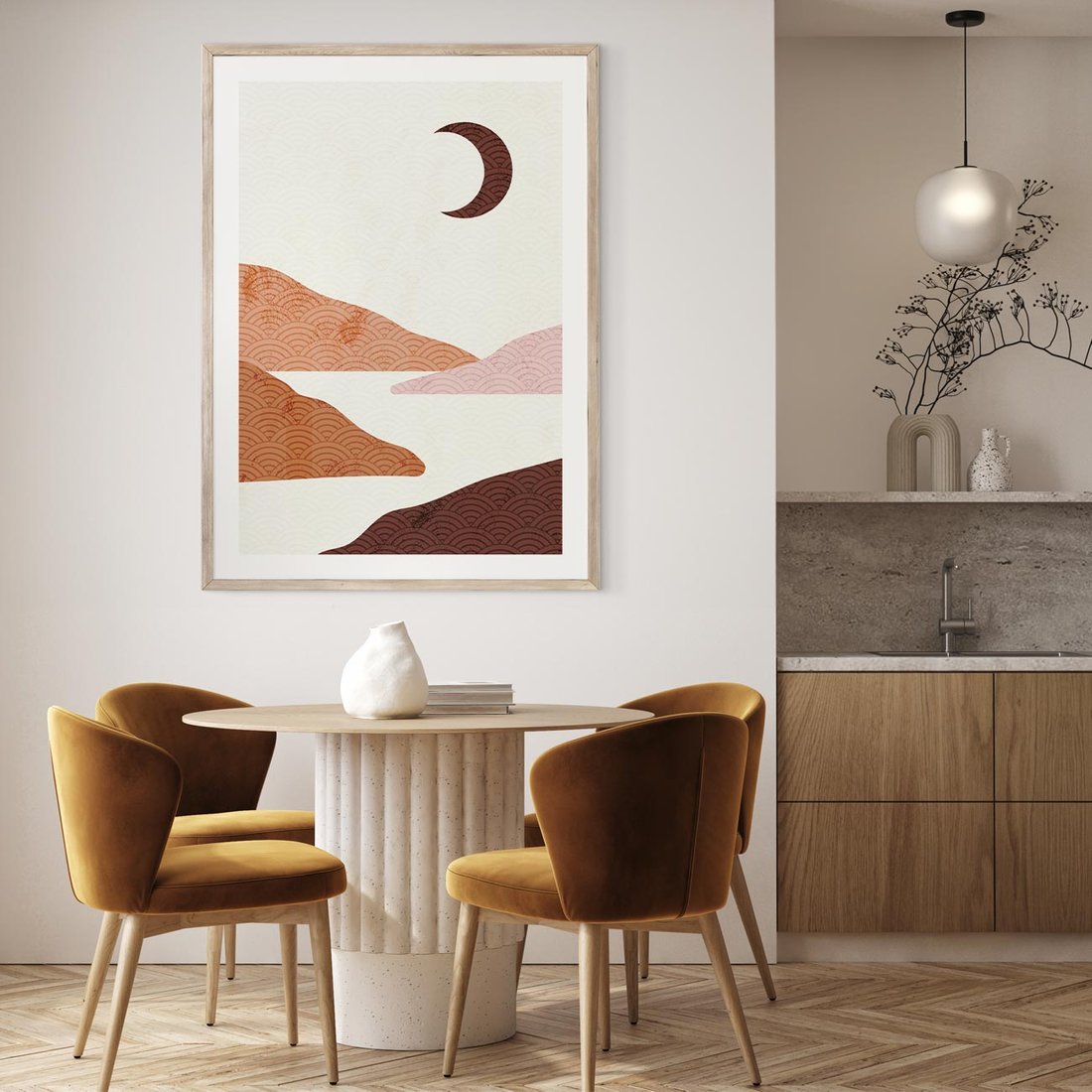 Plakat w ramie 30x40 - Księżycowa Refleksja - nowoczesna sztuka, góry - rama drewno